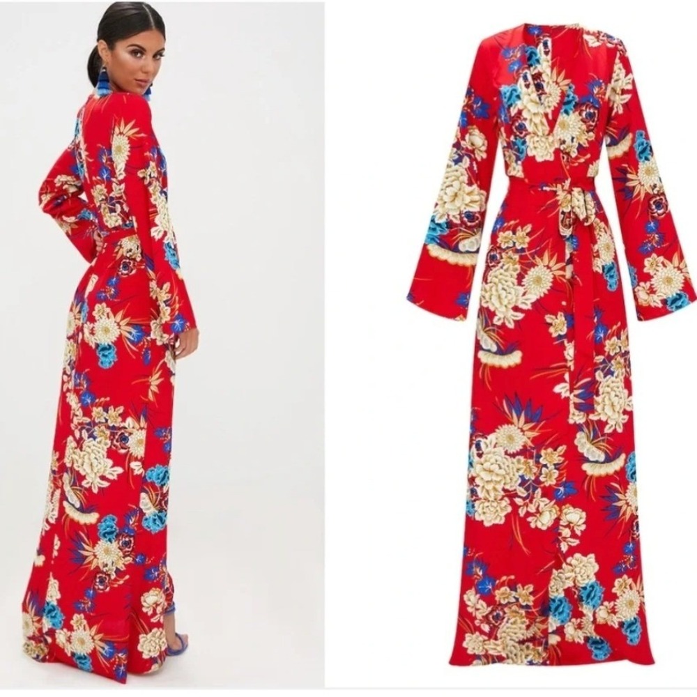 PrettyLittleThing Red Floral Print Kimono Maxi Dress Size US 10 NWT